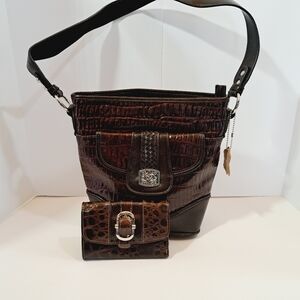 BAGGS Mahogany Brown Croc Embossed Gorgeous Leather Bag and Wallet